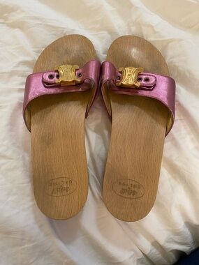 Celine Metallic Rose Slide Sandals with Gold Emblem Scholl’s by Celine